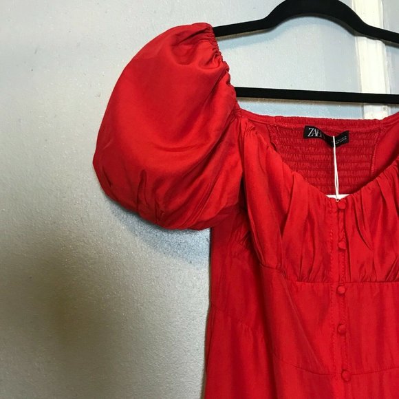 ZARA RED MIDI DRESS with BUTTONS SHORT PUFF SLEEVE - Picture 9 of 12